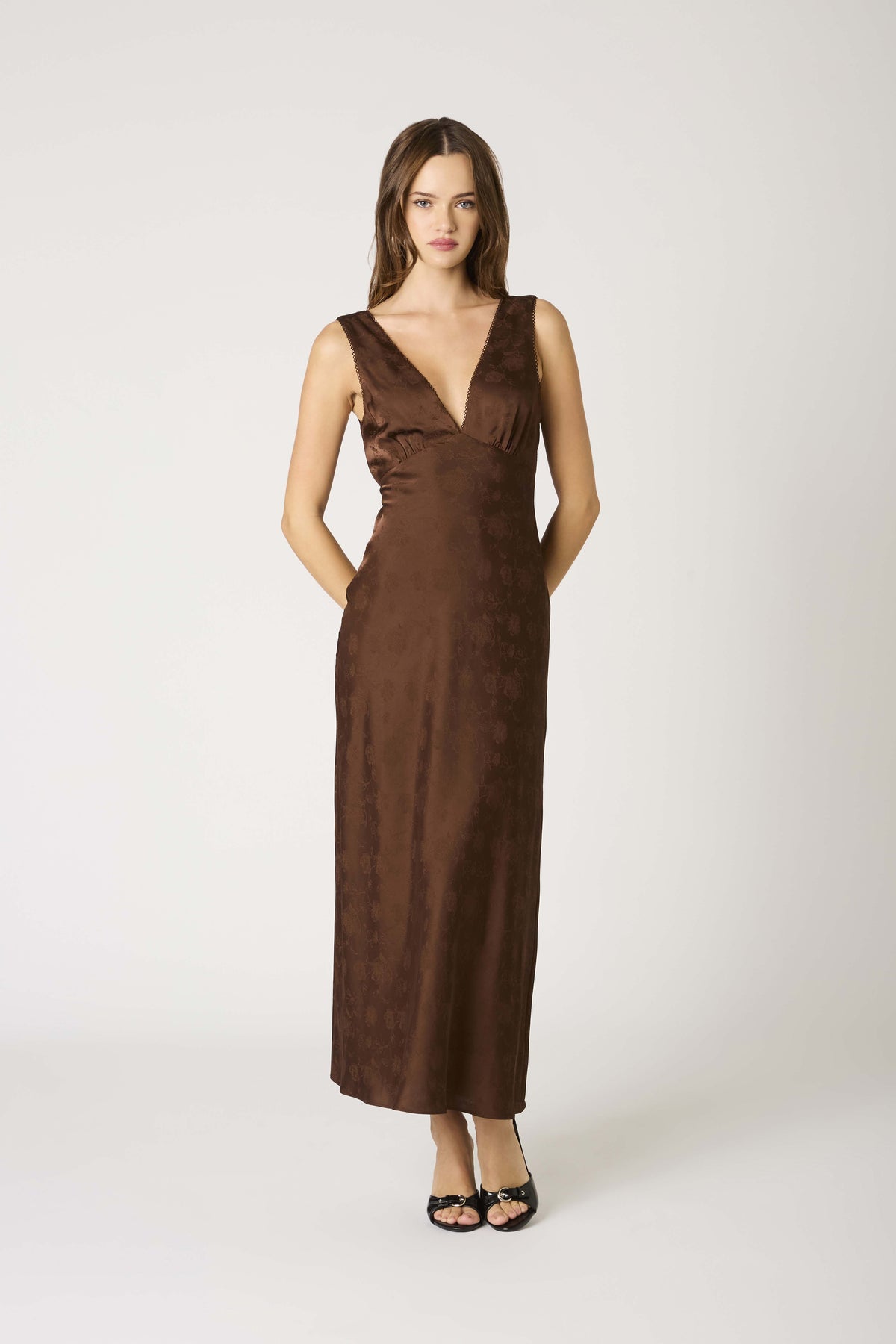 Anda Rose Jacquard Tea Length Slip Dress - Chocolate