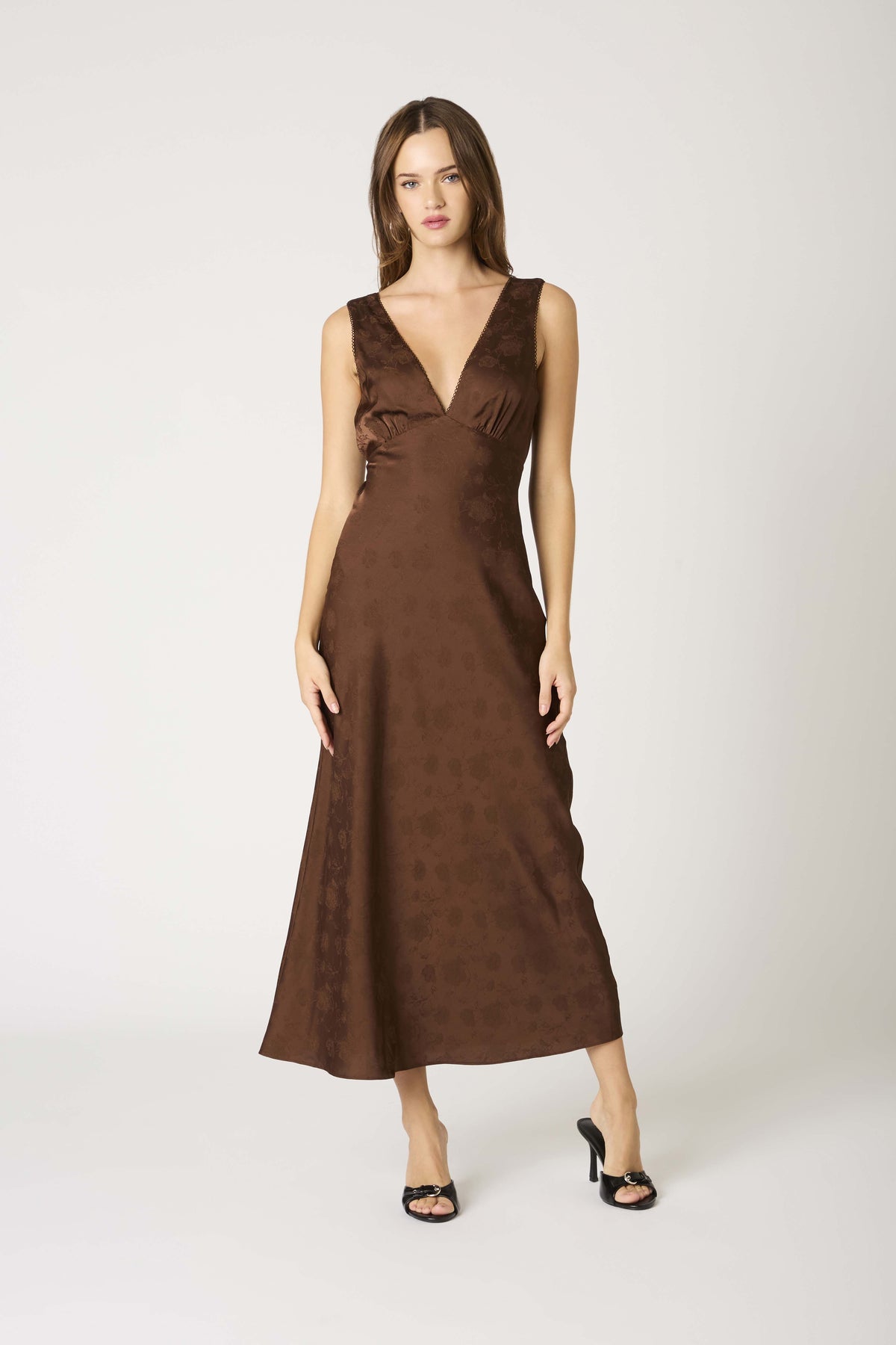 Anda Rose Jacquard Tea Length Slip Dress - Chocolate