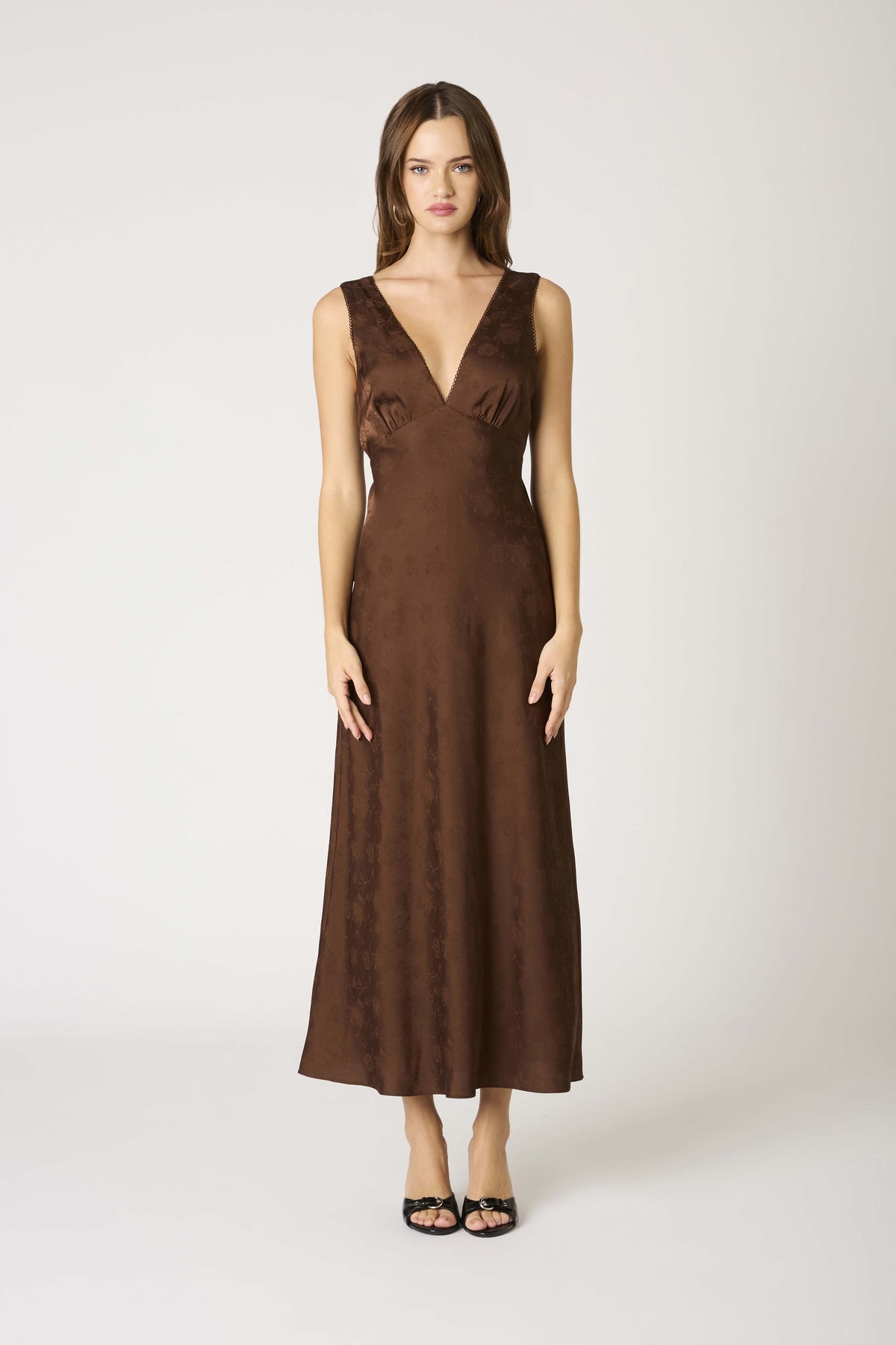 Anda Rose Jacquard Tea Length Slip Dress - Chocolate