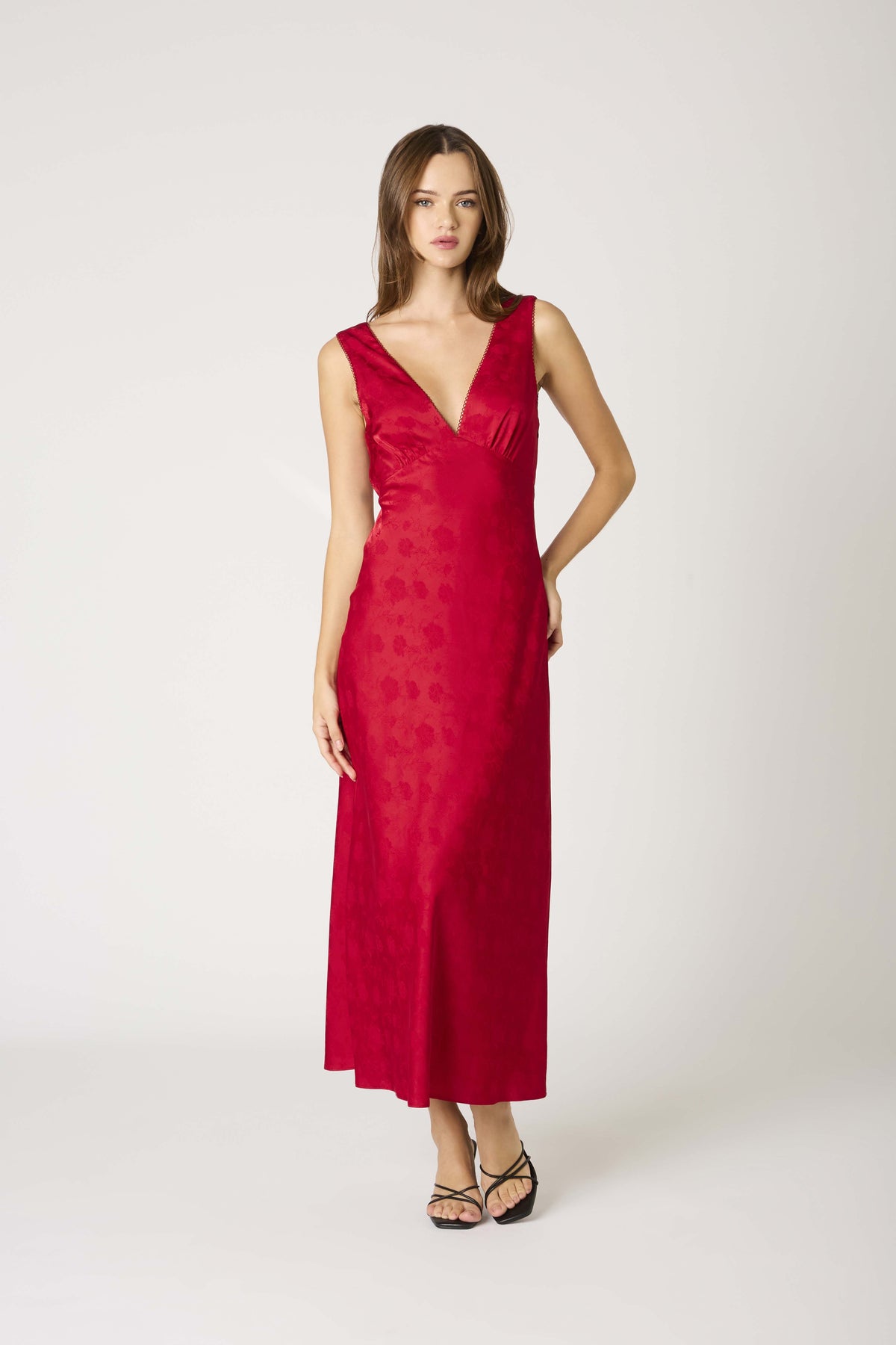 Anda Rose Jacquard Tea Length Slip Dress - Crimson