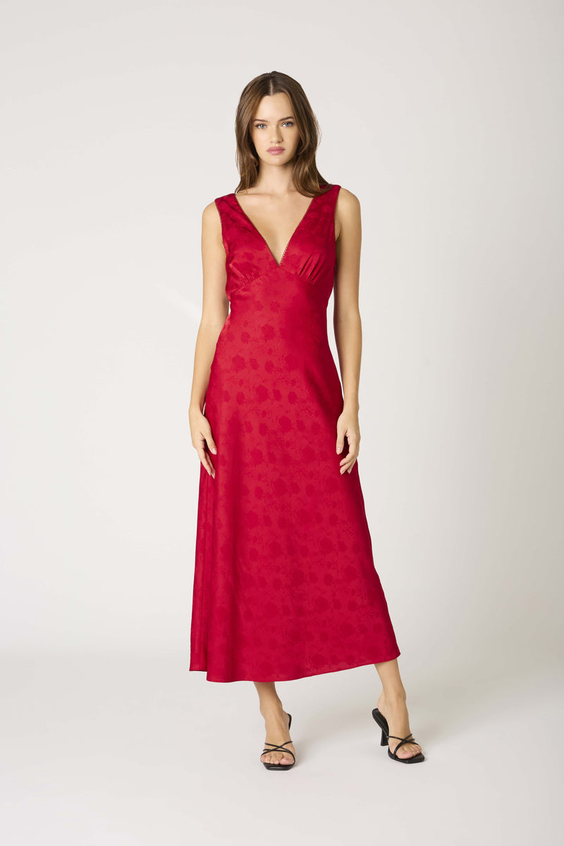 Anda Rose Jacquard Tea Length Slip Dress - Crimson