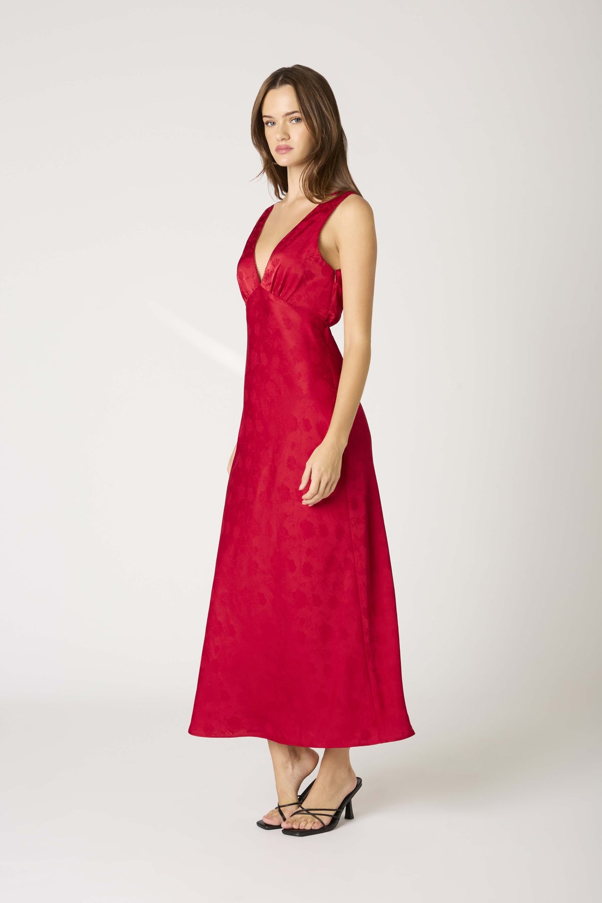 Anda Rose Jacquard Tea Length Slip Dress - Crimson