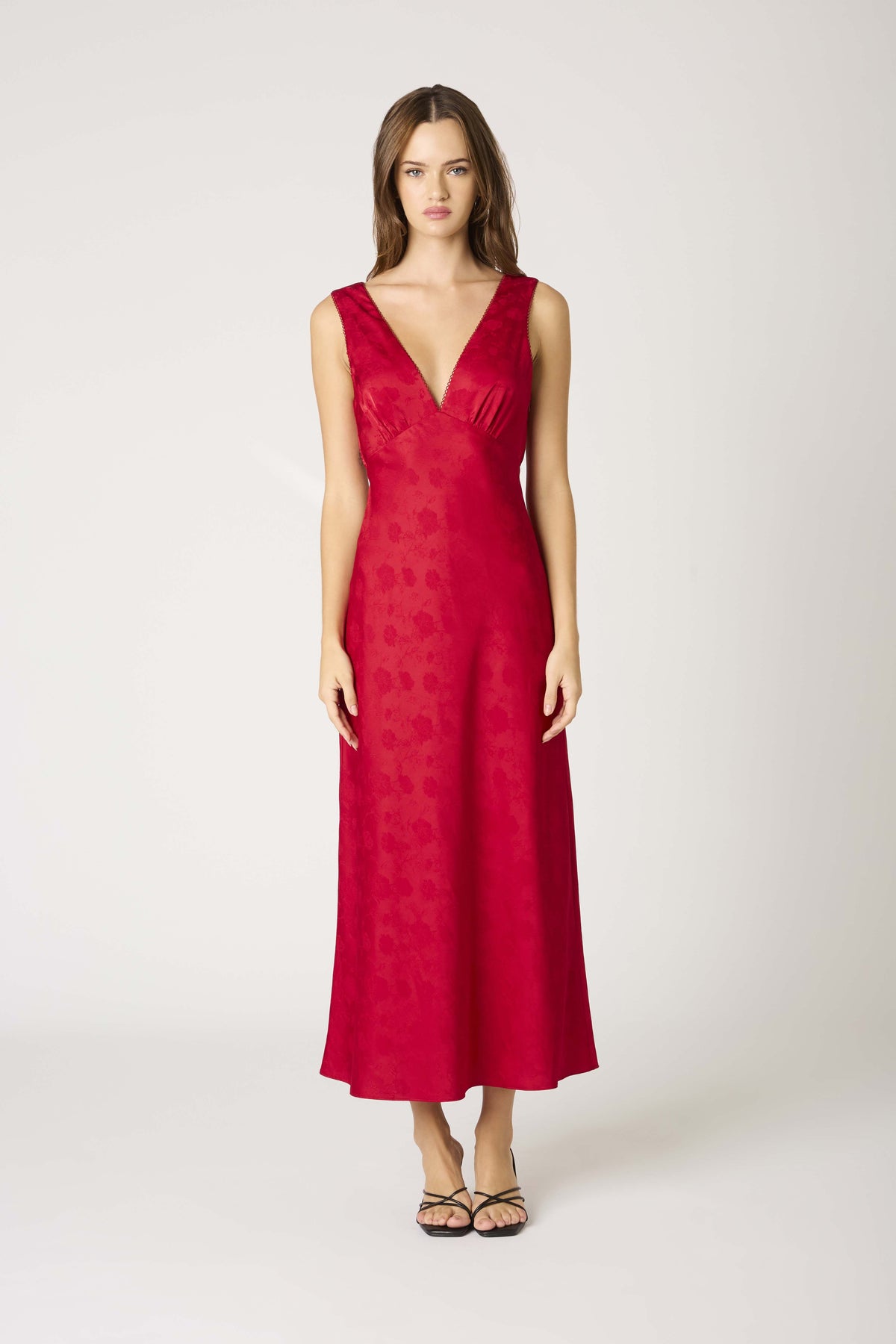 Anda Rose Jacquard Tea Length Slip Dress - Crimson