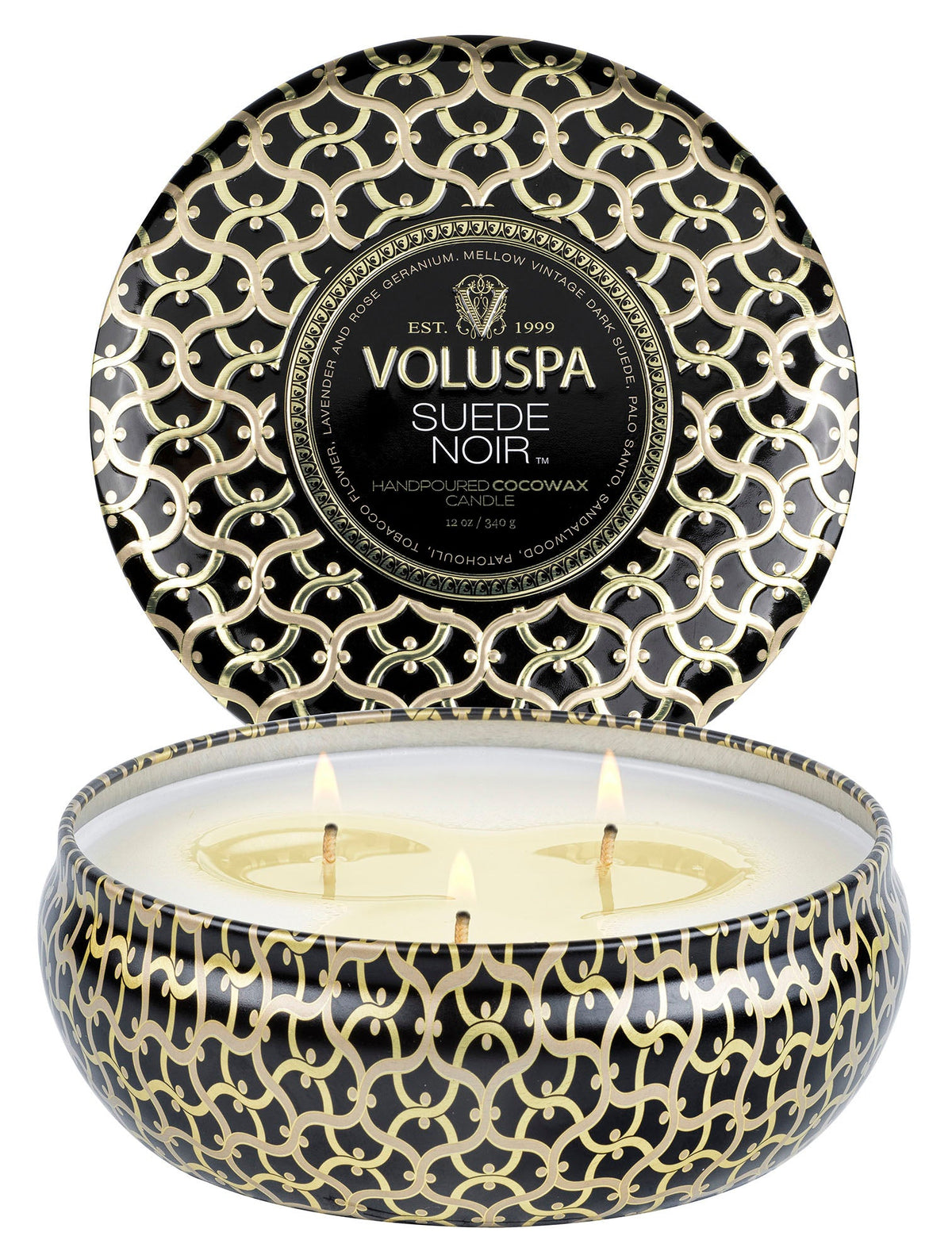 Suede Noir 3 Wick Tin Palo Santo Patchouli Candle