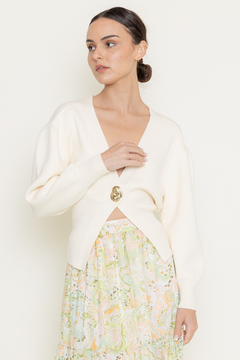 Tonya Cream V-Neck Sculpture Button Cardigan