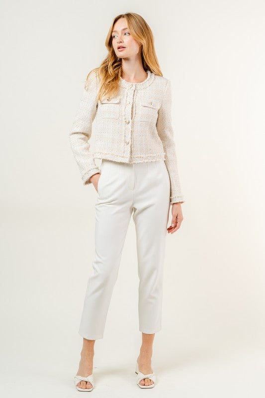 Coco Chanel Inspired Boucle Tweed Box Jacket Blazer - Cream/Gold