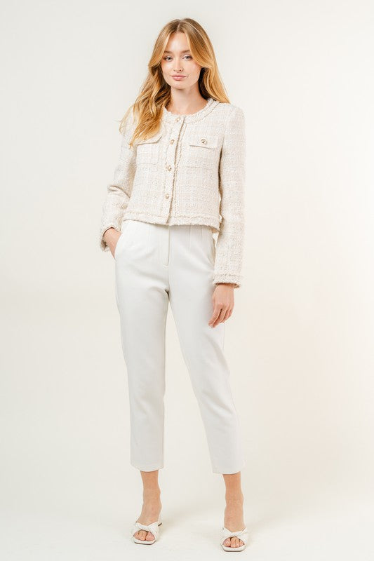 Coco Chanel Inspired Boucle Tweed Box Jacket Blazer - Cream/Gold