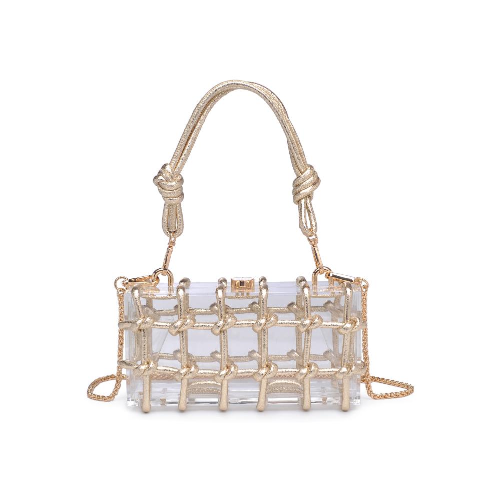 Mavis Woven Knot Clear Lucite Plexi Box Clutch Bag on Crossbody Chain - Gold