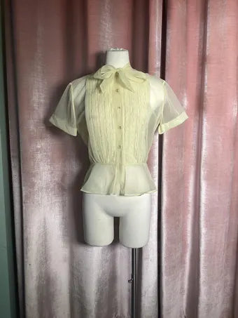 Vintage 1950s Sheer Nylon Ascot Tie Collar Lucite Button Peplum Waist Pintuck Pleat with Embroidery