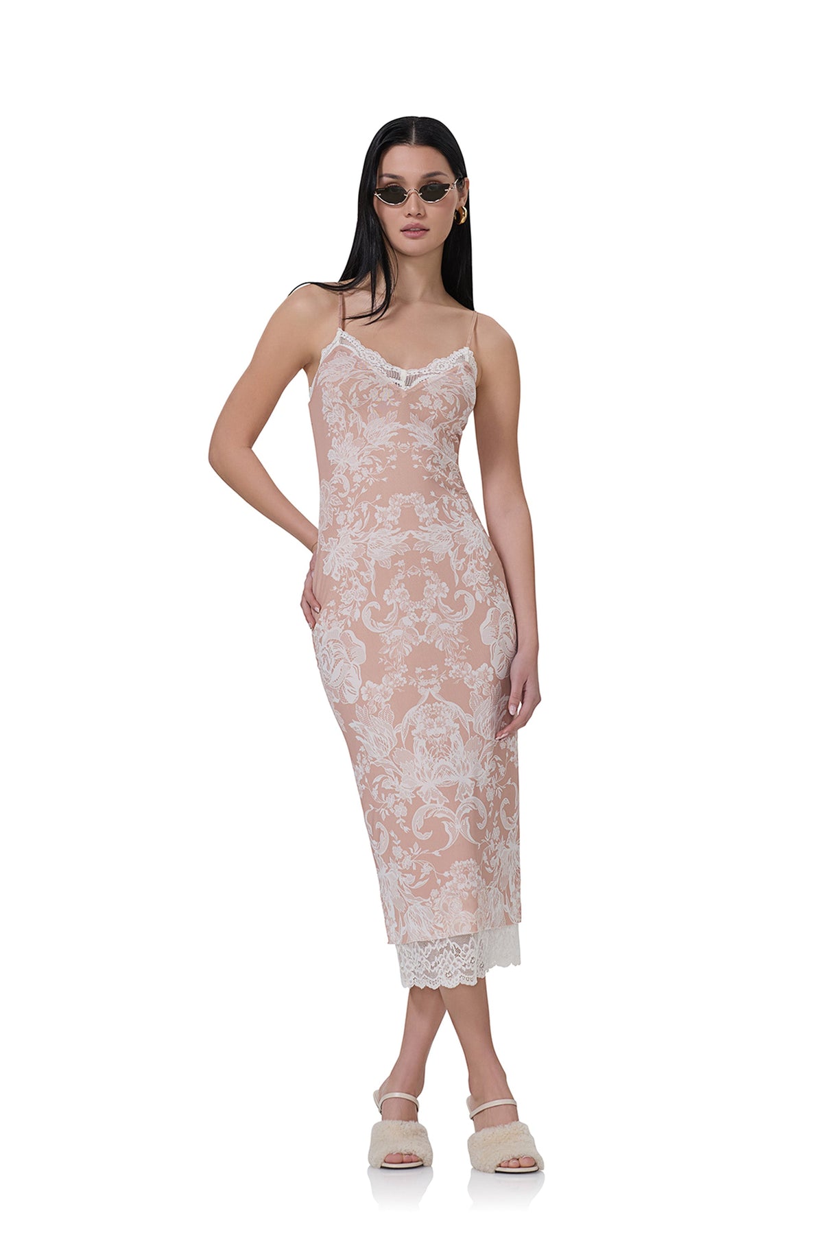 Nissa Nude Mesh  Baroque Wallpaper Print Mesh Slip Dress - Almond