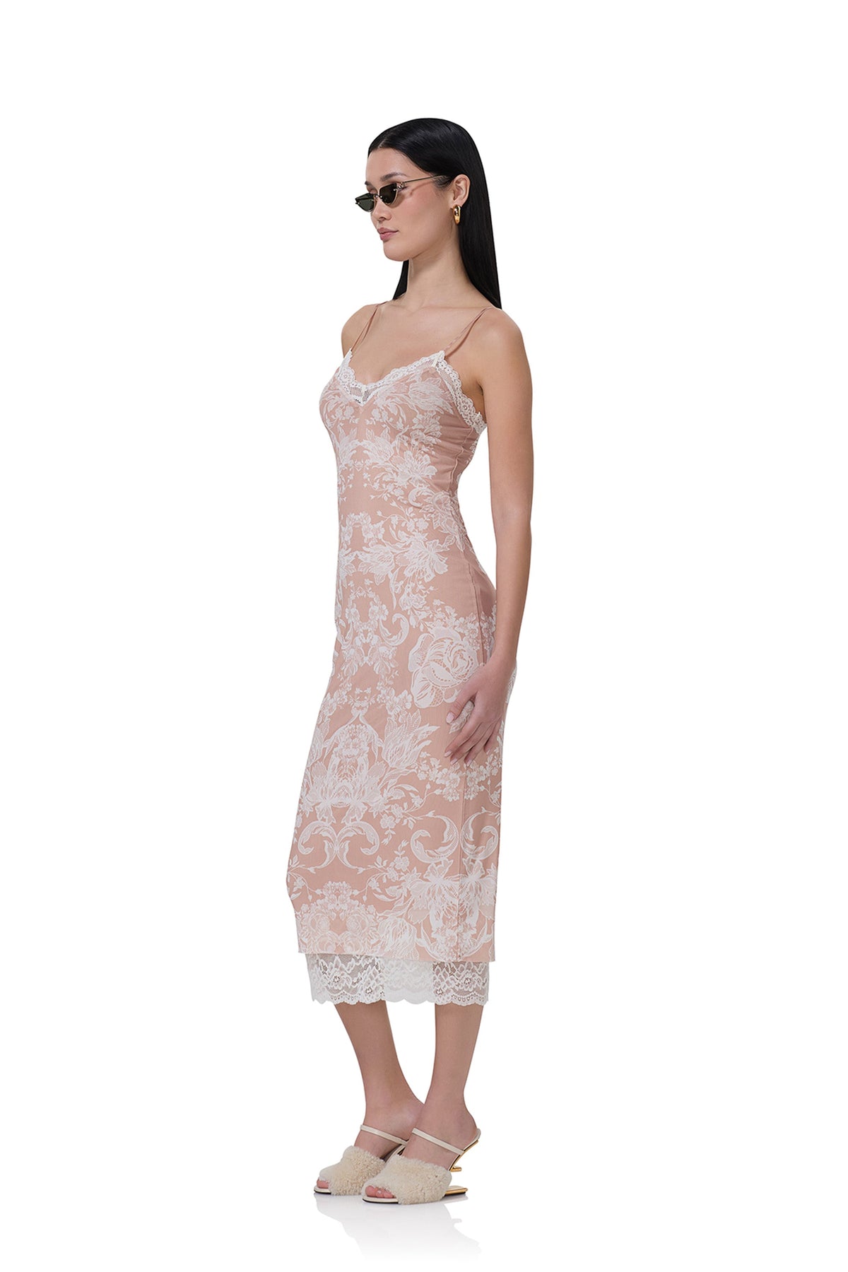 Nissa Nude Mesh  Baroque Wallpaper Print Mesh Slip Dress - Almond