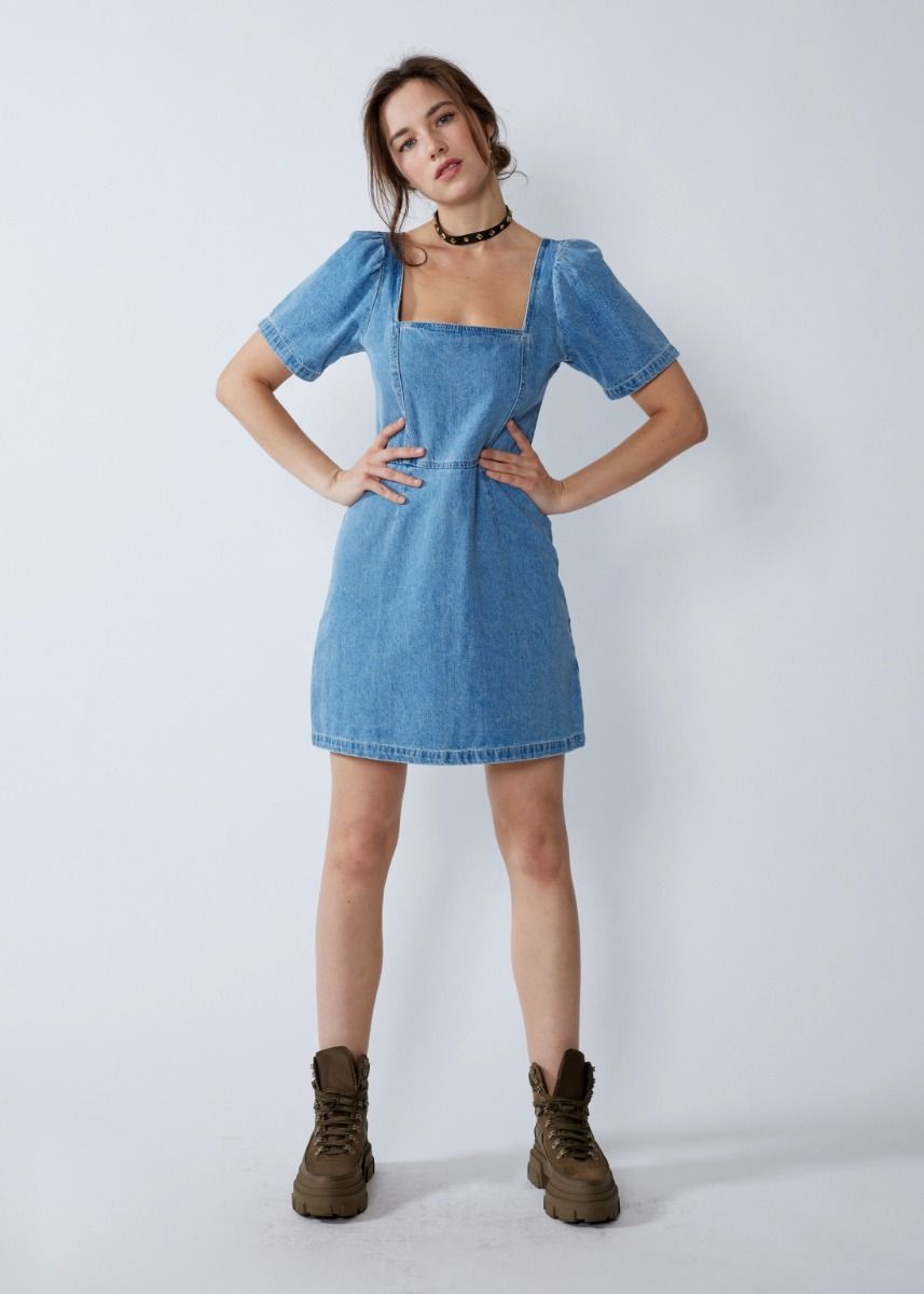 Aubrey Denim Puff Sleeve Mini Dress - Light Wash