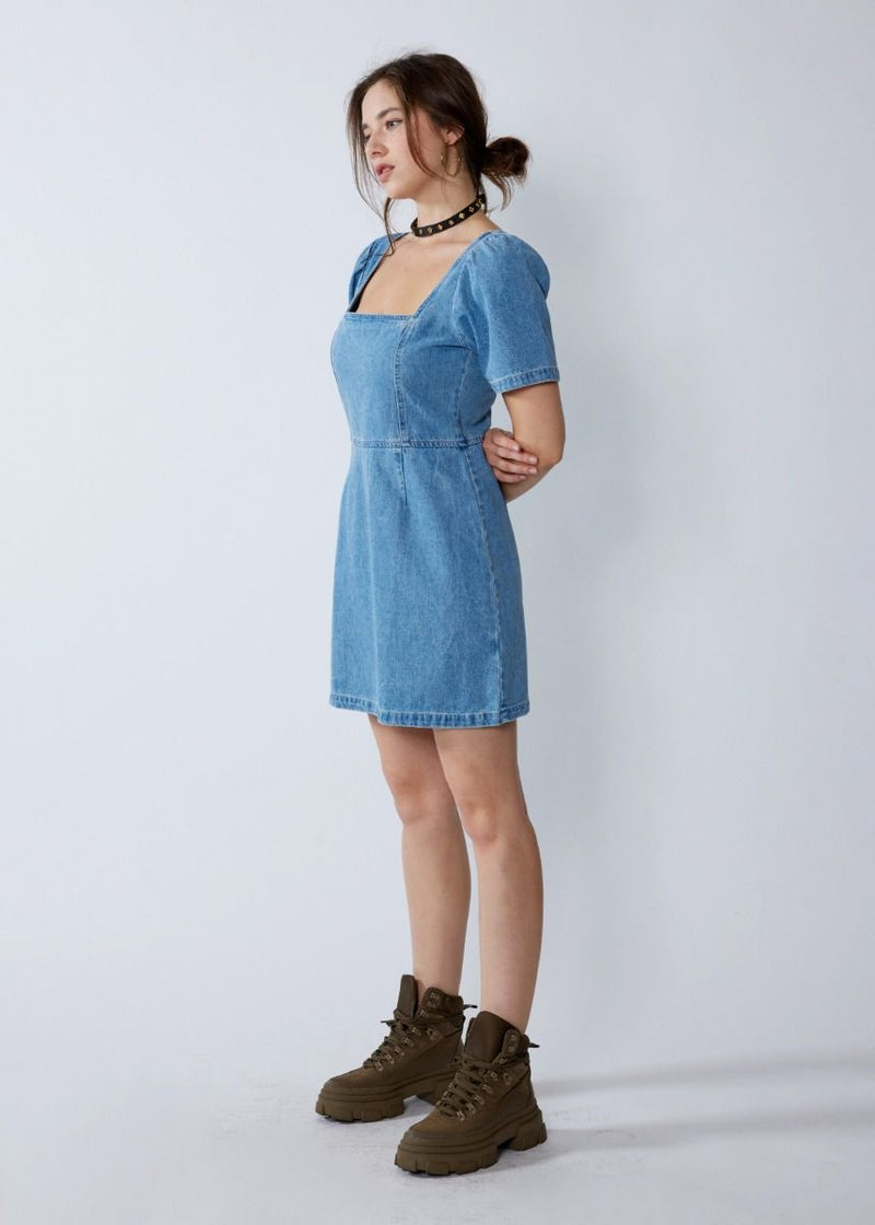 Aubrey Denim Puff Sleeve Mini Dress - Light Wash