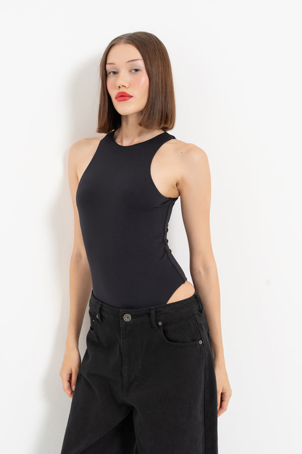 Aurora Nylon Jersey Sleeveless Basic Bodysuit - Black