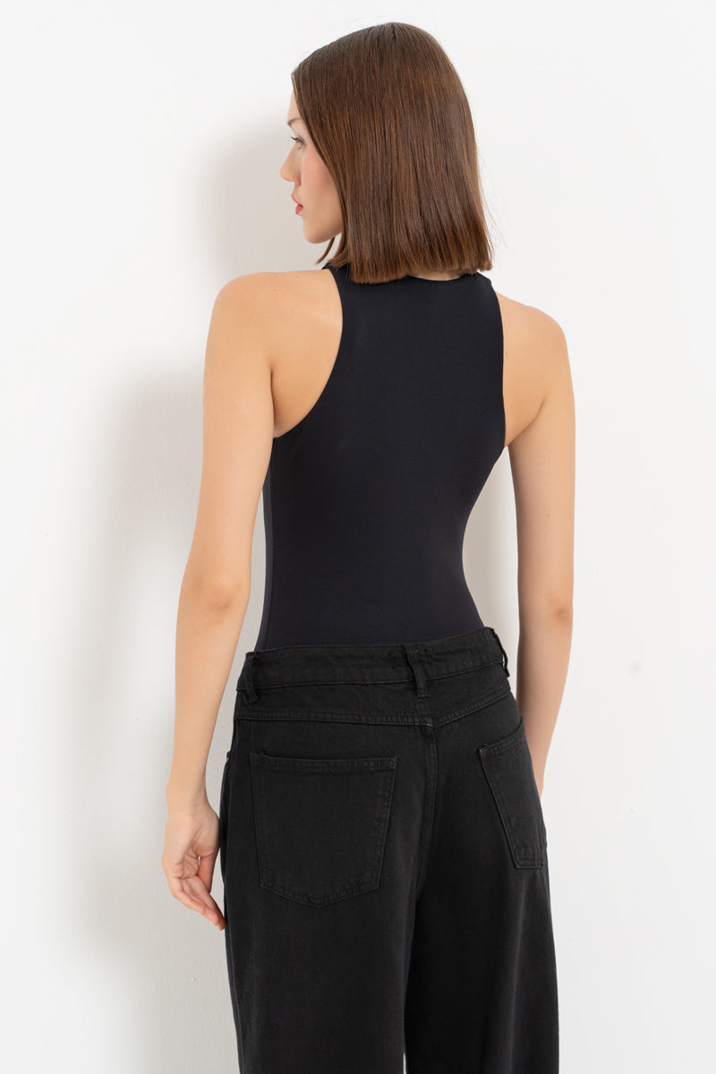 Aurora Nylon Jersey Sleeveless Basic Bodysuit - Black