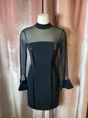 Vintage 1980’s mesh mock neck long bell Sleeve cocktail black tie Oleg Cassini formal dress