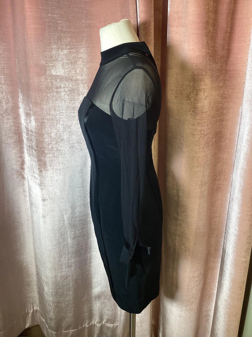 Vintage 1980’s mesh mock neck long bell Sleeve cocktail black tie Oleg Cassini formal dress