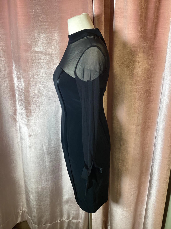 Vintage 1980’s mesh mock neck long bell Sleeve cocktail black tie Oleg Cassini formal dress