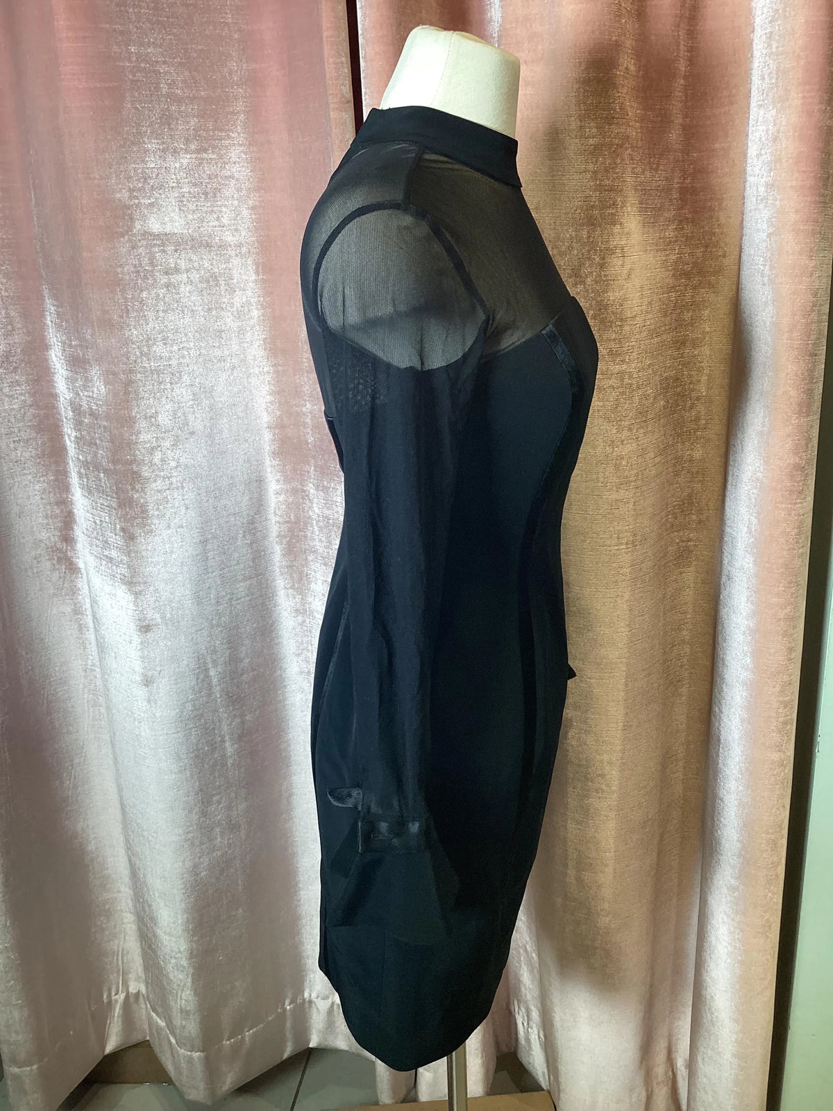 Vintage 1980’s mesh mock neck long bell Sleeve cocktail black tie Oleg Cassini formal dress