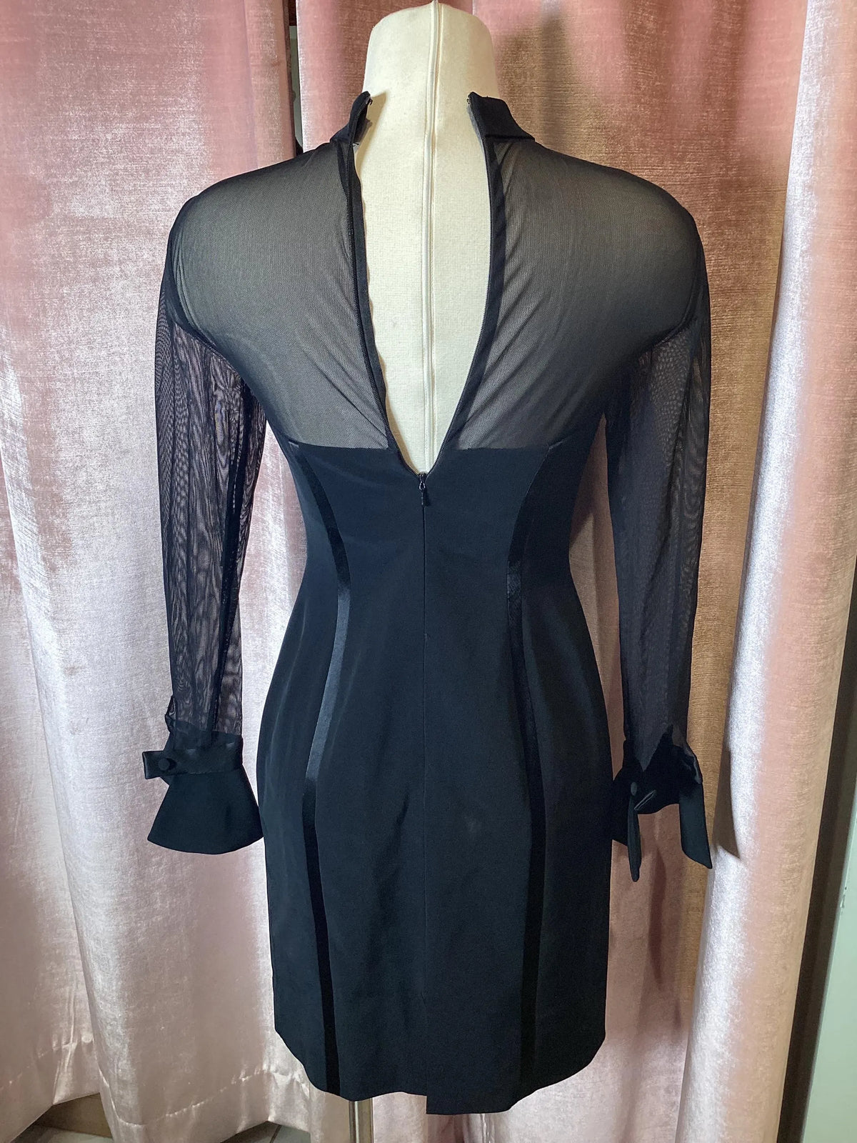 Vintage 1980’s mesh mock neck long bell Sleeve cocktail black tie Oleg Cassini formal dress
