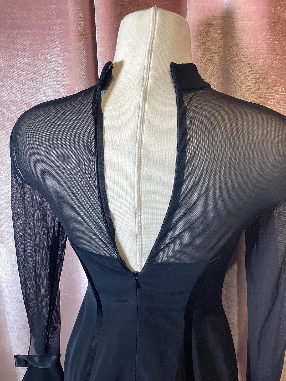 Vintage 1980’s mesh mock neck long bell Sleeve cocktail black tie Oleg Cassini formal dress