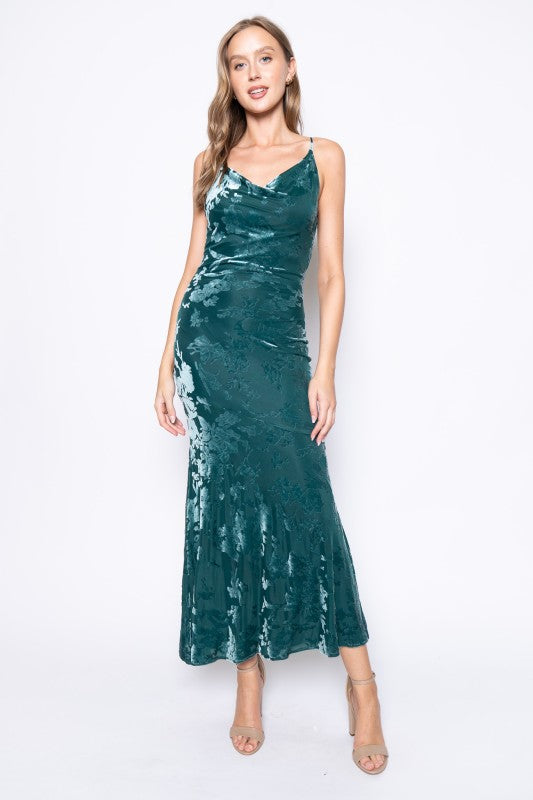 burnout velvet dress Autumn Burn Out Velvet Maxi Bias Cut Mesh Cowl Neck Dress Large / Teal