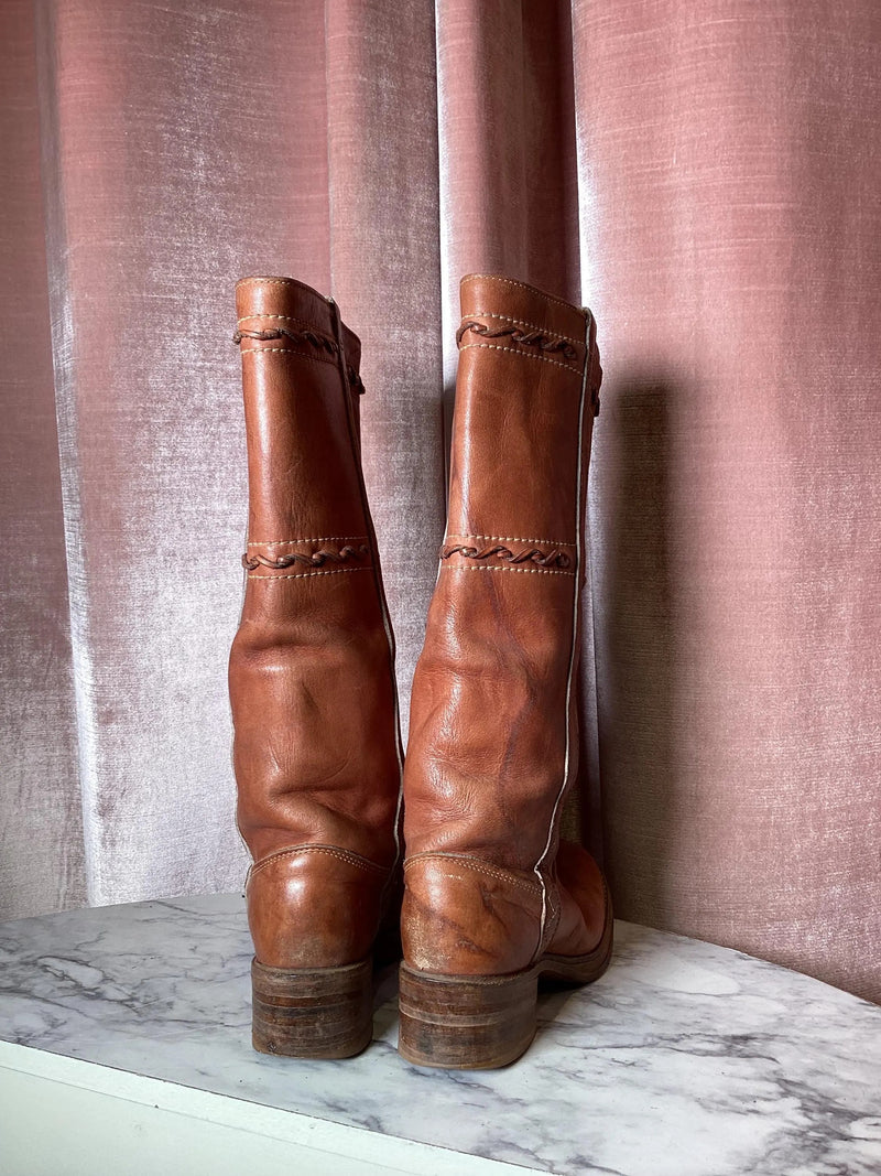 Vintage 1970’s Frye Campus Brown Leather Timeless Chunky Heel Square Toe Retro Riding Knee High Rustic Boho Cowgirl Boots - Women's Size 5.5