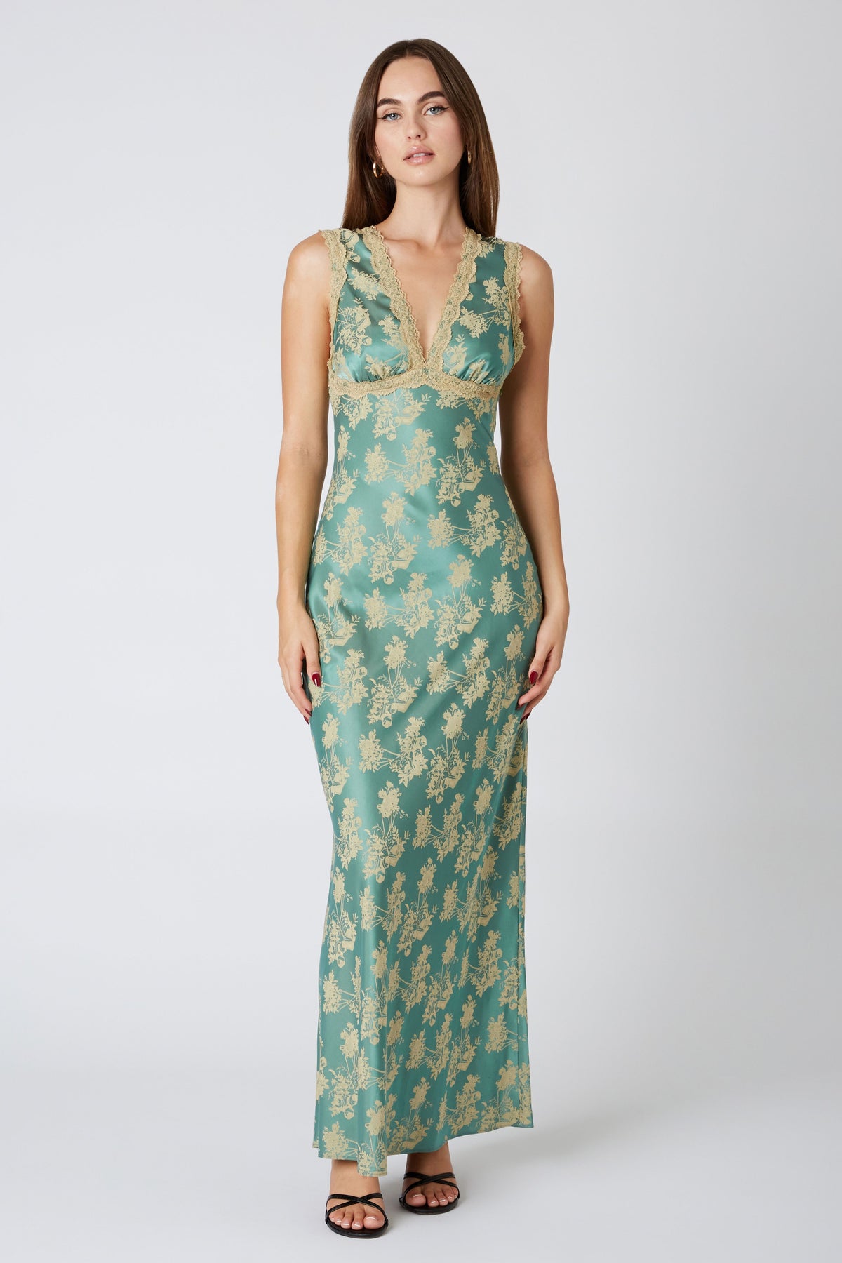 Tabitha 1930s Style Floral Jacquard Lace Trim Slip Maxi Dress - Jade