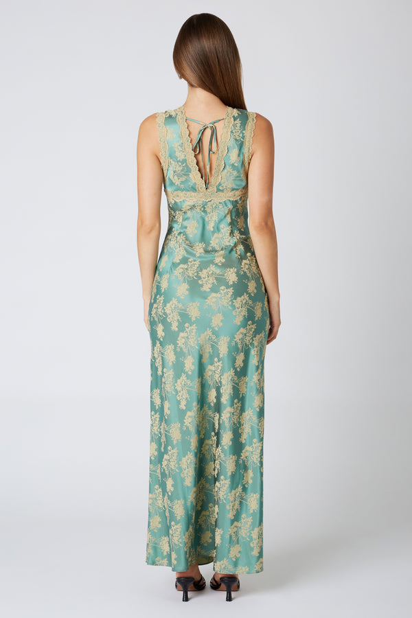 Tabitha 1930s Style Floral Jacquard Lace Trim Slip Maxi Dress - Jade