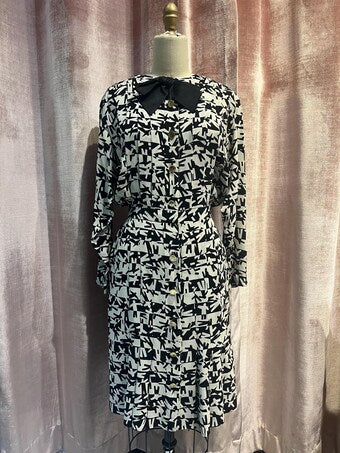 Vintage 1990s Chanel Silk Printed Button Up Midi Secretary Dress Small