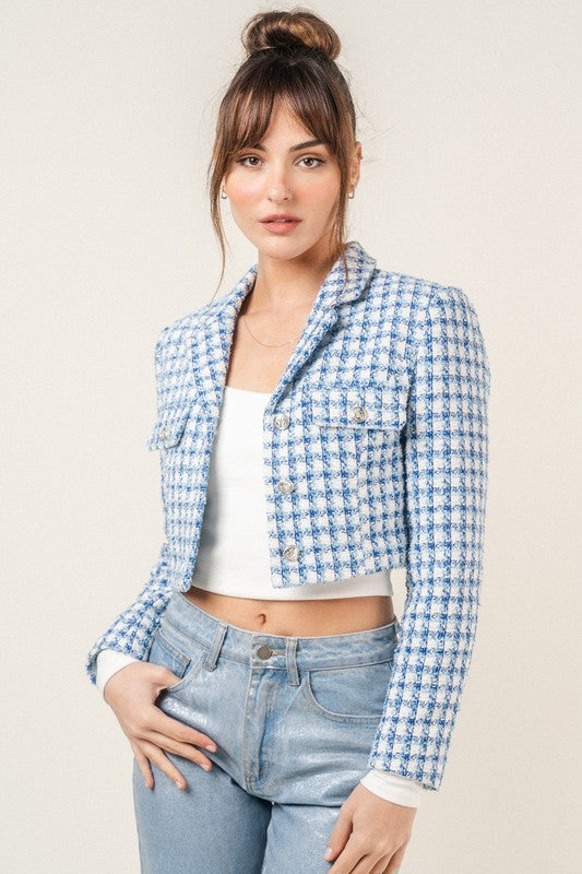 Coco Chanel Style Boucle Tweed Boxy Crop Jacket Blazer - Blue/White