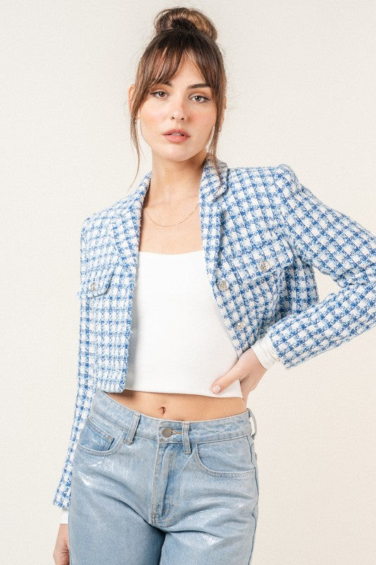 Coco Chanel Style Boucle Tweed Boxy Crop Jacket Blazer - Blue/White