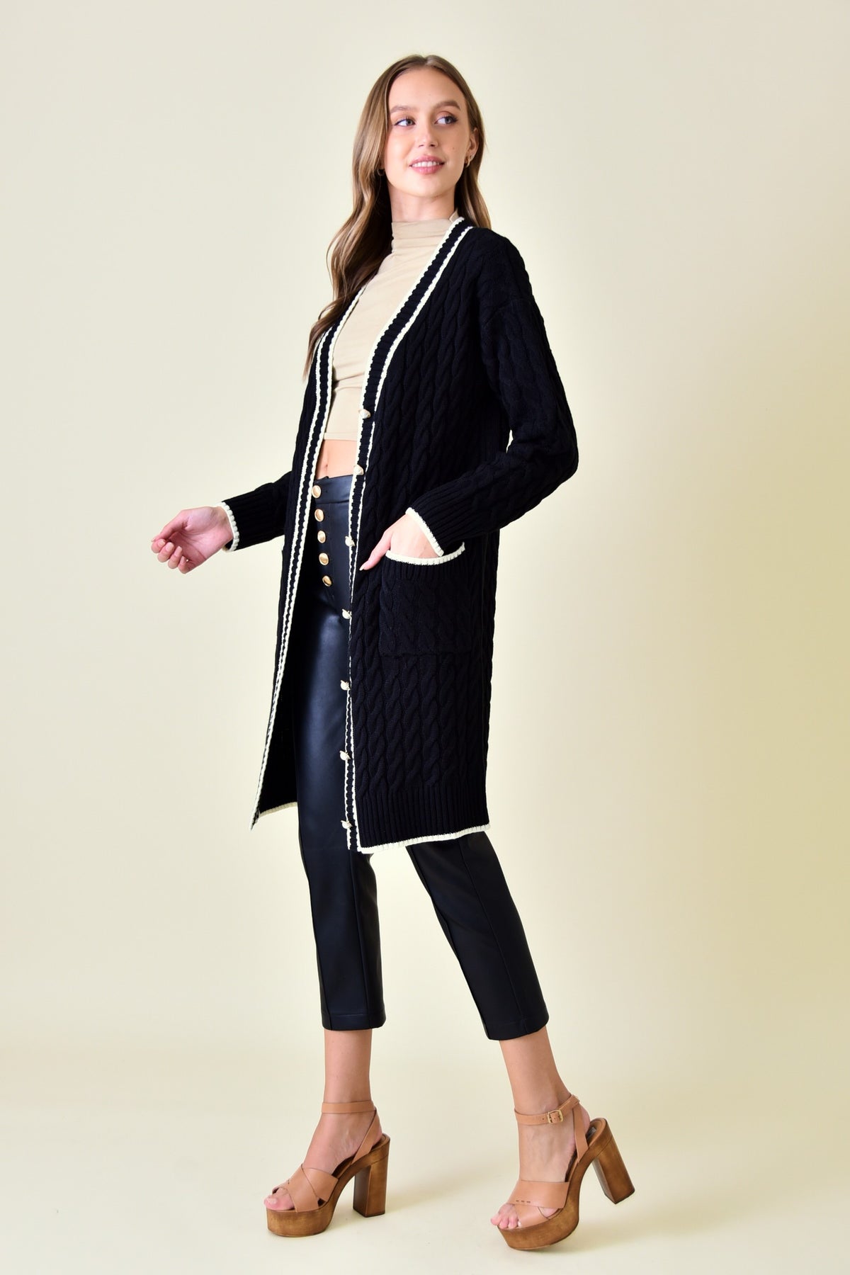 Coco Chanel Style Cable Long Sweater Dress Cardigan - Black/Cream