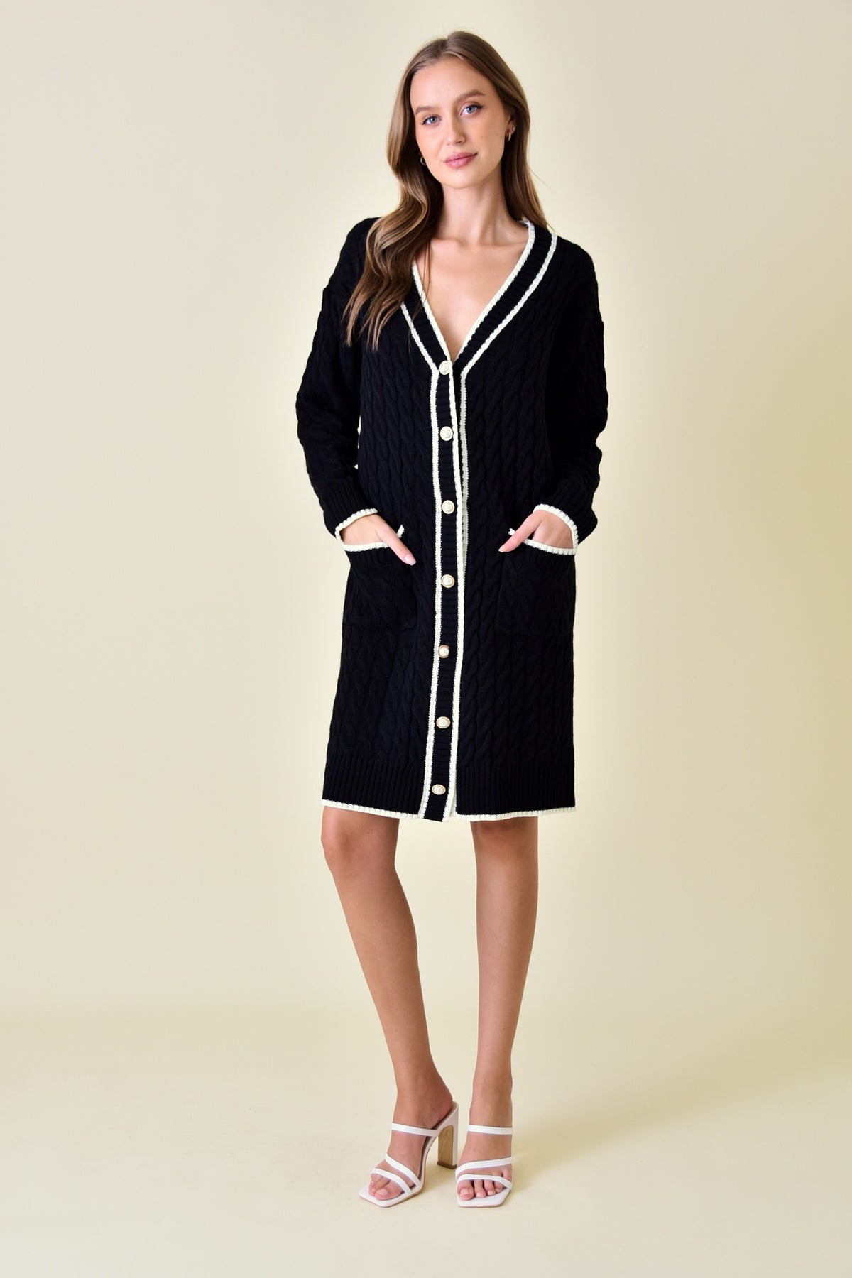 Coco Chanel Style Cable Long Sweater Dress Cardigan - Black/Cream