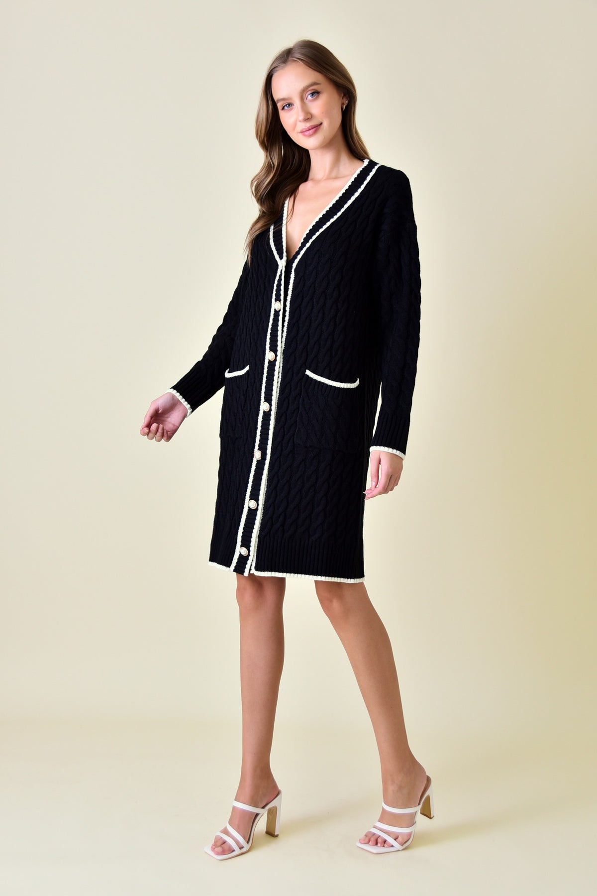 Coco Chanel Style Cable Long Sweater Dress Cardigan - Black/Cream