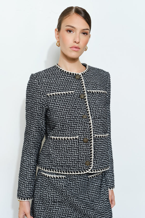 Coco Chanel Style Boucle Tweed Jacket - White/Black