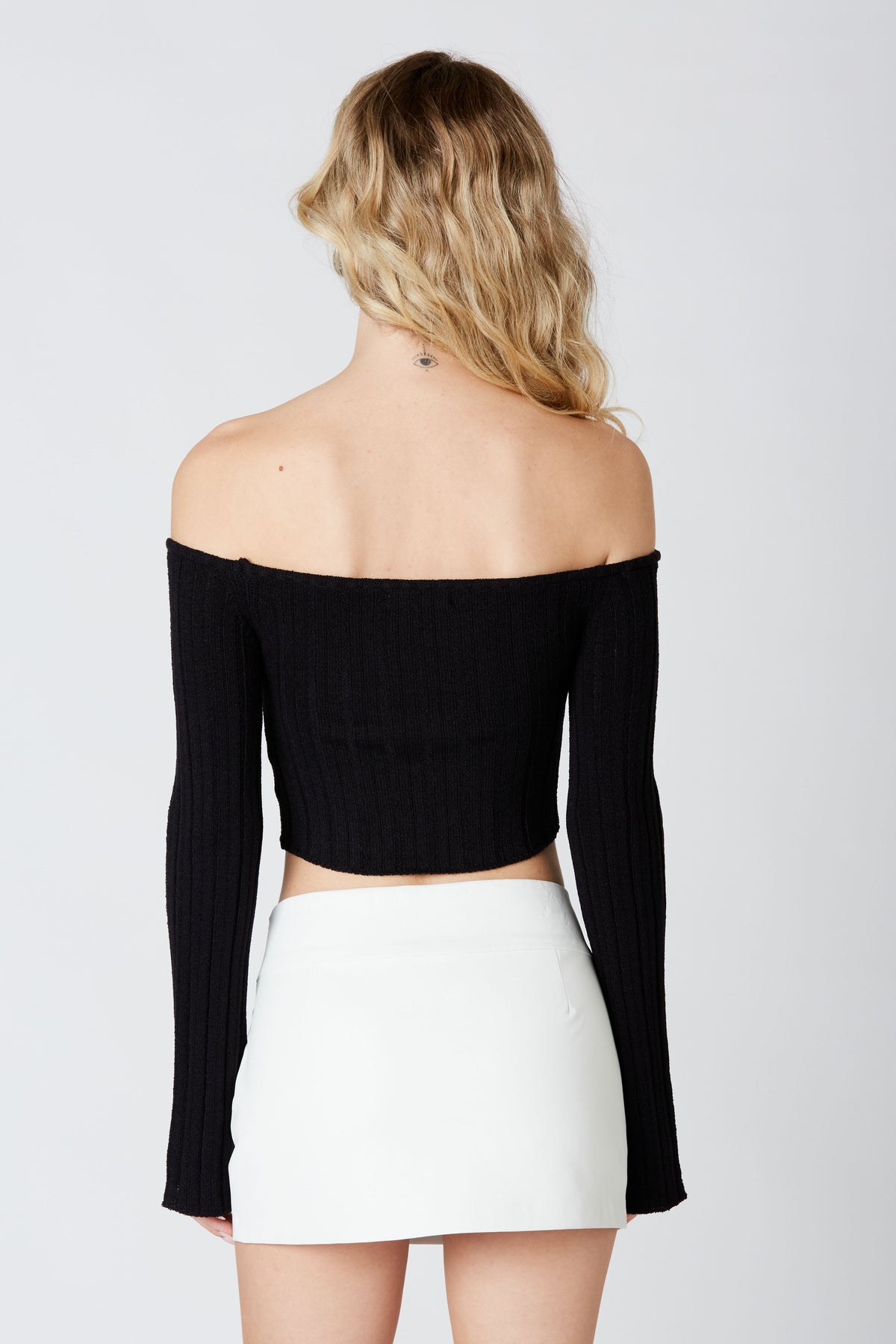 Lexi Light Ribbed Knit Off the Shoulder Sweater Crop Top - Black