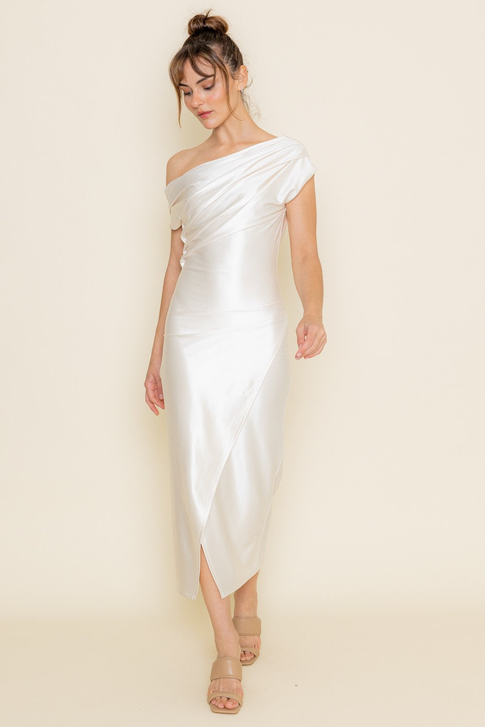 Joan Pearl Draped Asymmetrical Midi Dress