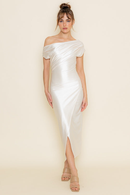Joan Pearl Draped Asymmetrical Midi Dress