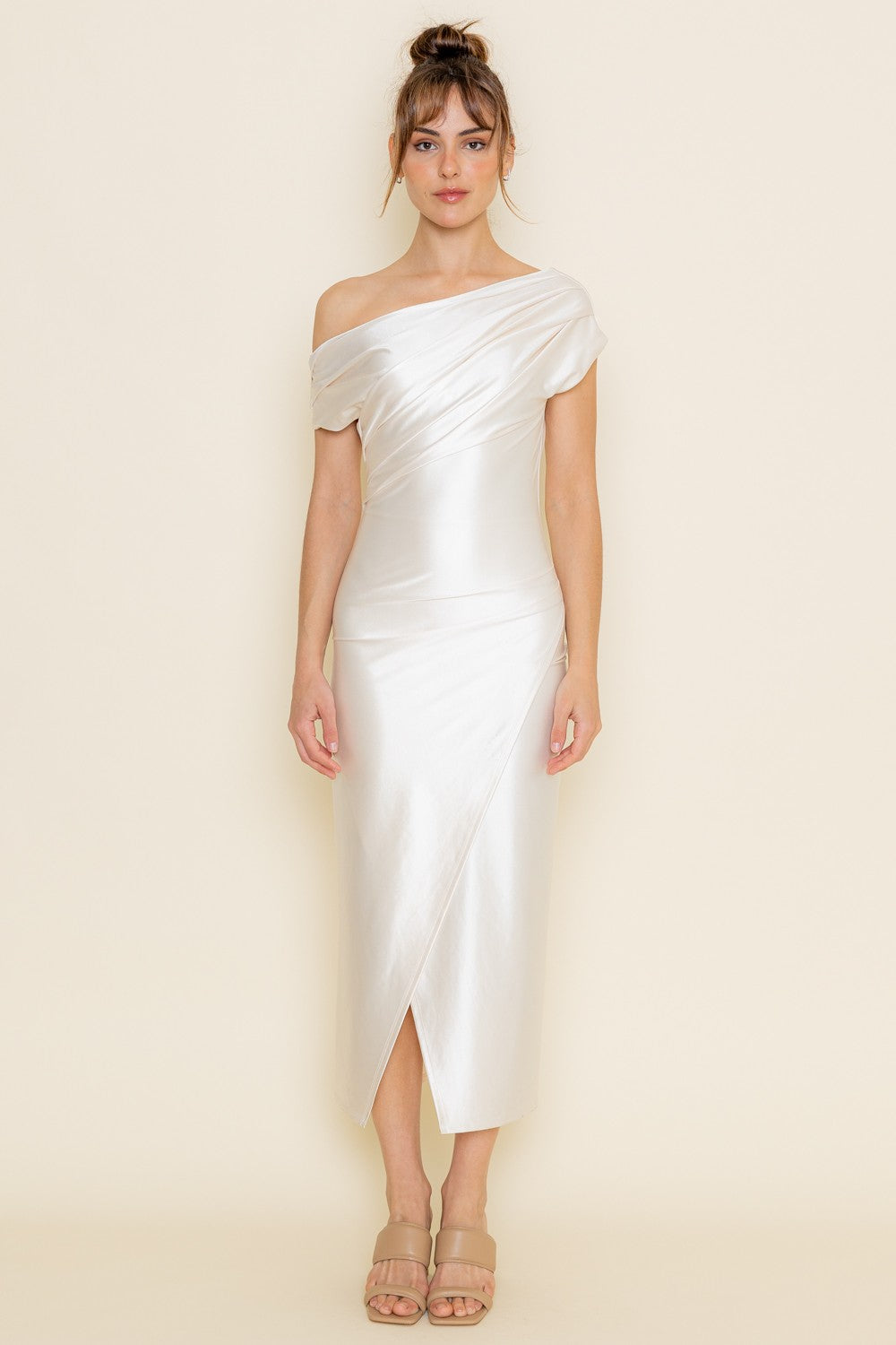 Joan Pearl Draped Asymmetrical Midi Dress