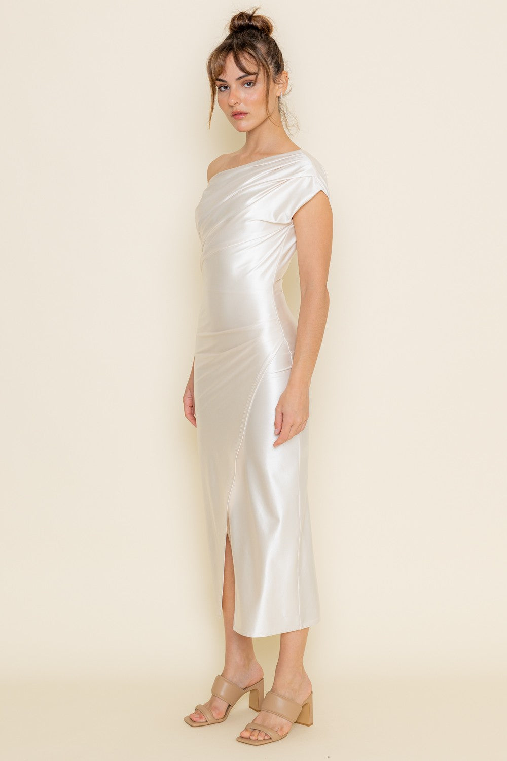 Joan Pearl Draped Asymmetrical Midi Dress