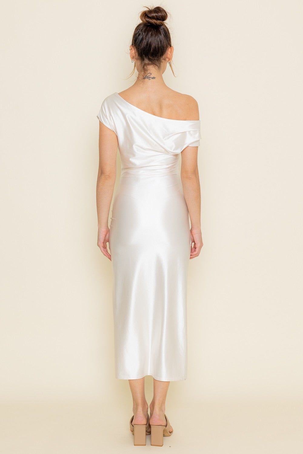 Joan Pearl Draped Asymmetrical Midi Dress