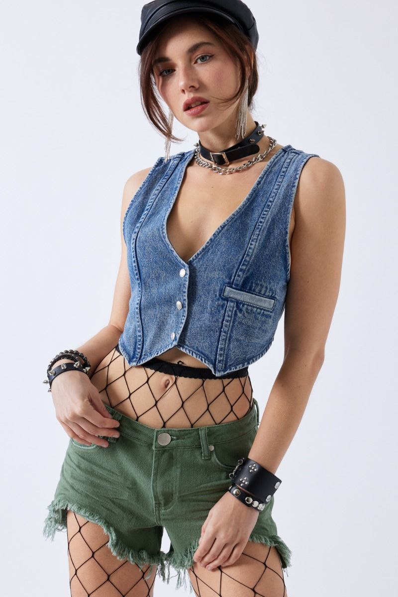 Kimmie Acid Wash Crop Denim Western Snap Button Vest