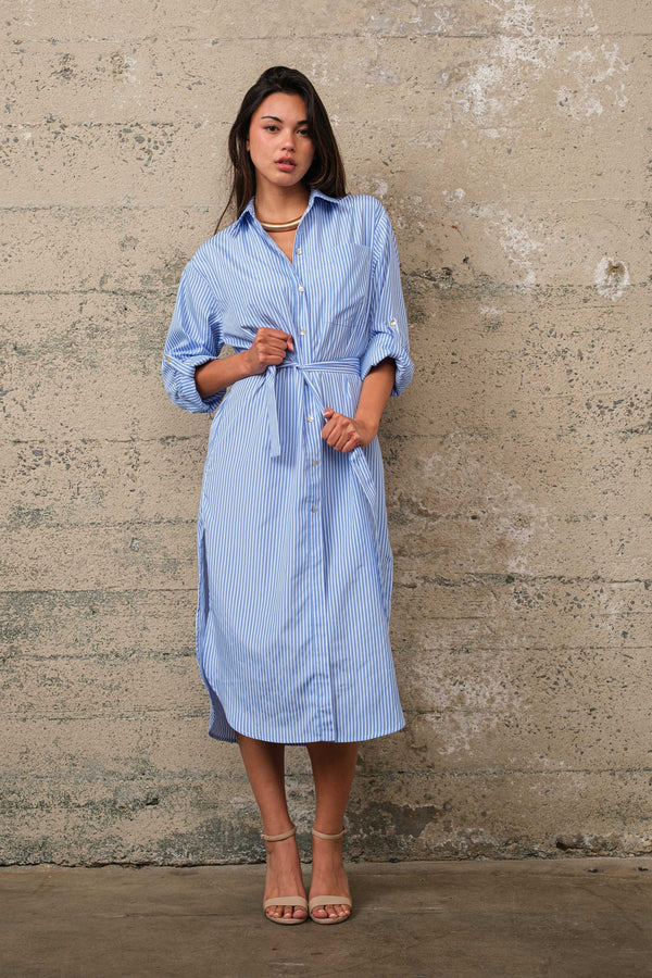 Emily Striped LS Belted Shirt Dress