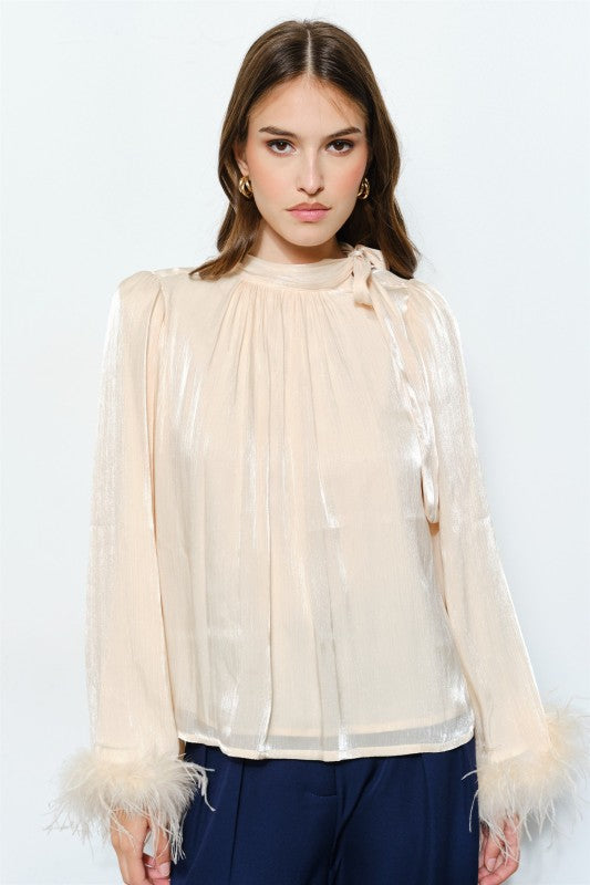 Delphine Metallic Shimmer Bow Tie Feather Hem Blouse Top