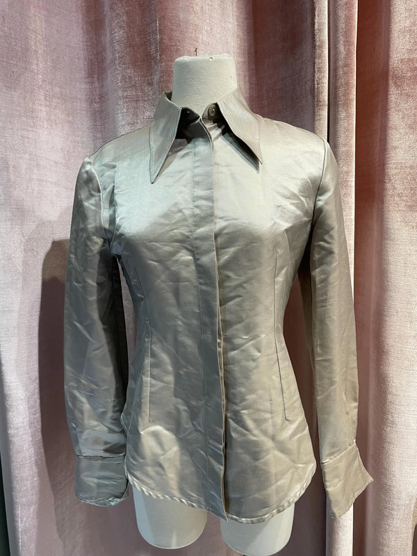 Vintage Y2K Fendi Silk Collar Iridescent Satin Blouse Top Medium