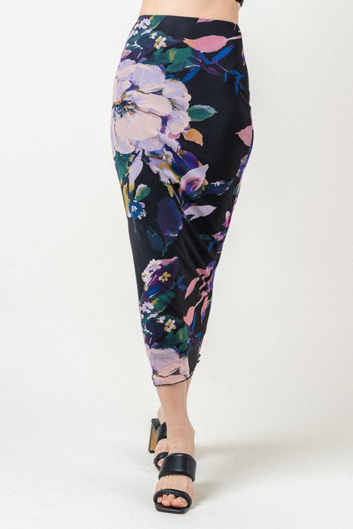 Iris Mesh Dark Floral Midi Skirt