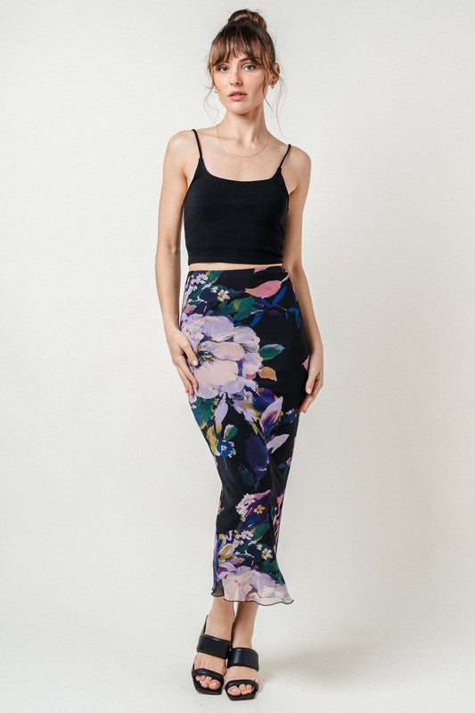 Iris Mesh Dark Floral Midi Skirt