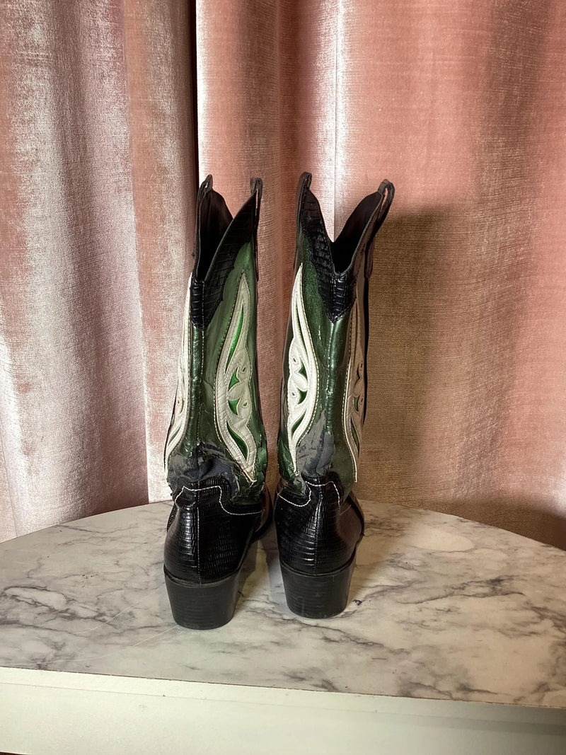 Vintage Y2K Stradivarius Butterfly Vegan Leather Green & White Metallic Black Lizard Print Point Toe Eye Catching Cowgirl Boots Women's Size 8.5 | 39