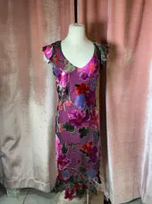 Vintage 1990s Floral Sheer Ruffle Hem Overlay Cocktail Midi Dress